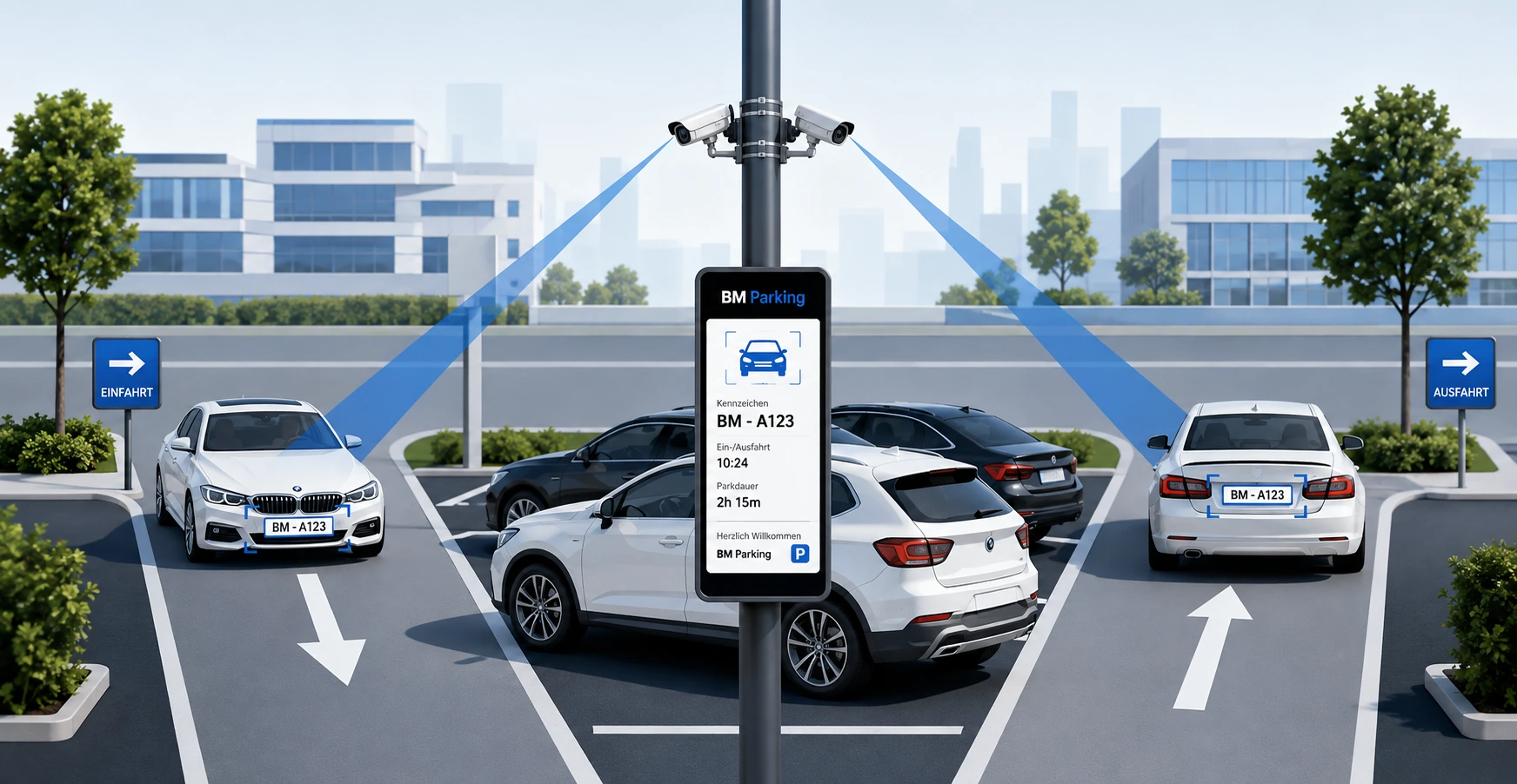 Ablauf der BM Parking Kennzeichenerfassung von der Einfahrt bis zur Ausfahrt